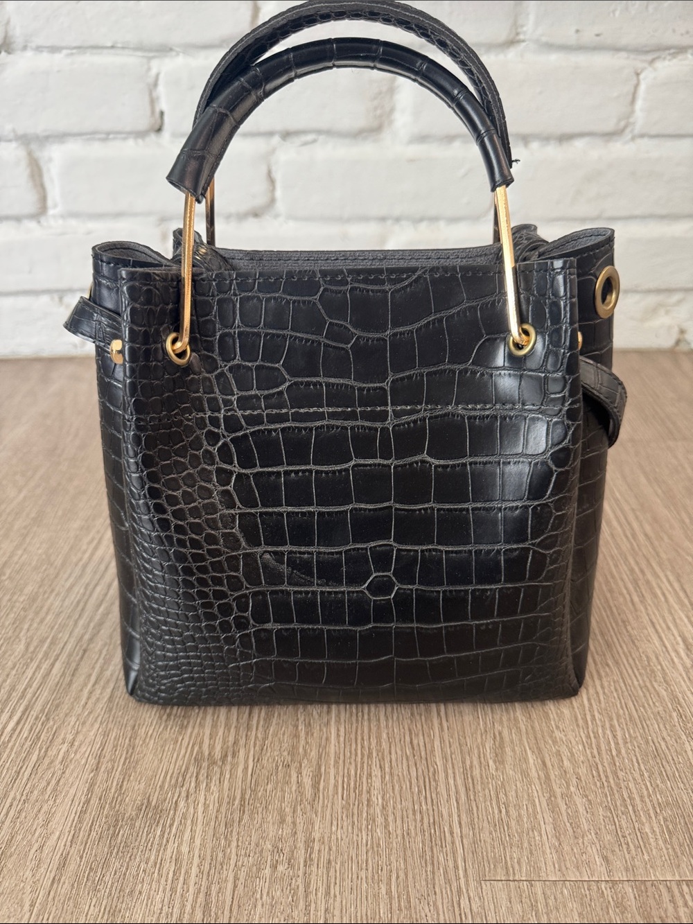 Structured Croc-Embossed Black Top-Handle Bag